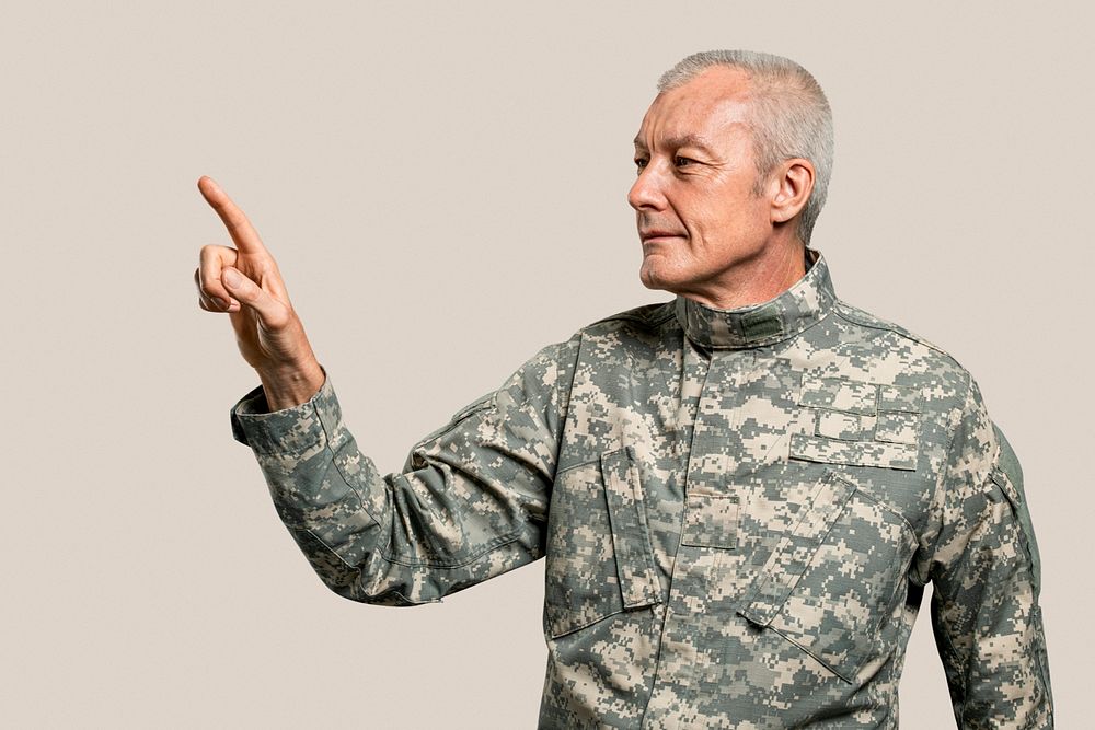 Male soldier mockup psd pressing index finger on an invisible screen