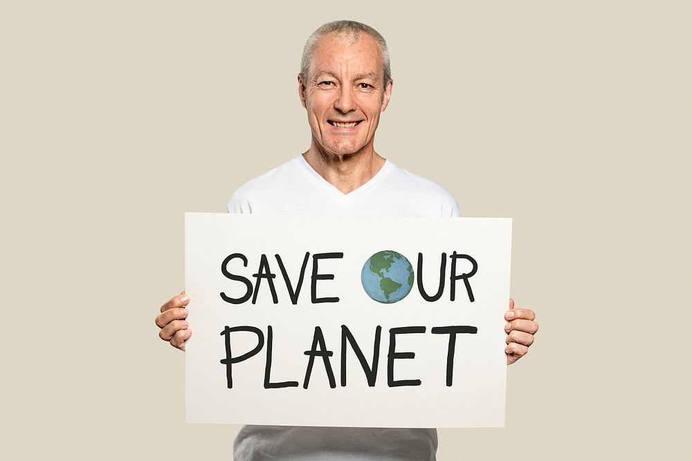 Sign board mockup psd with conservative man save our planet card