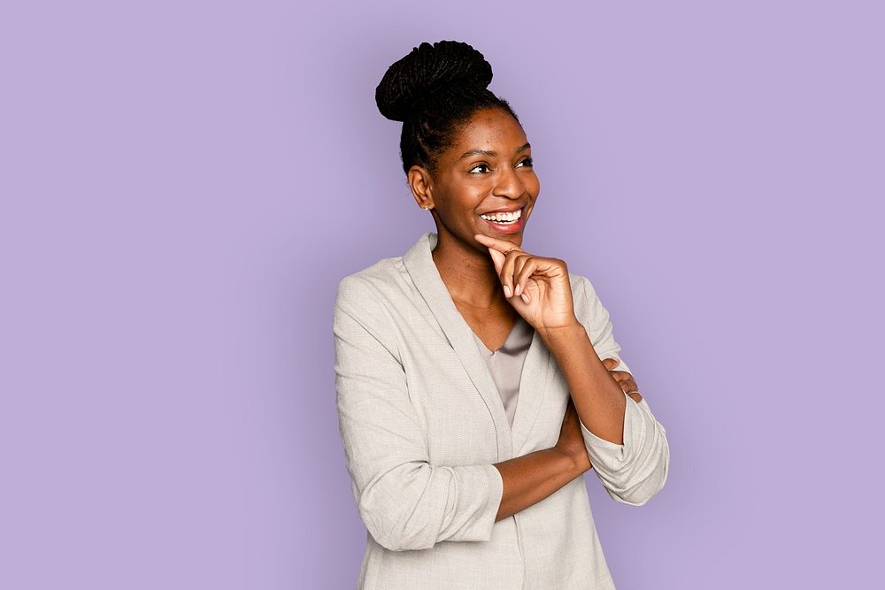 African-American woman smiling mockup psd with hand on the chin