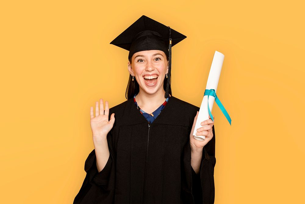 Woman wearing regalia mockup psd holding her degree for graduation