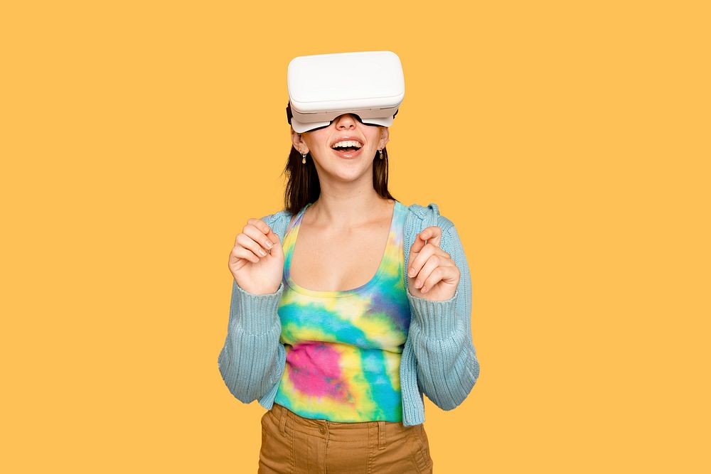 Beautiful woman having fun with VR headset digital device