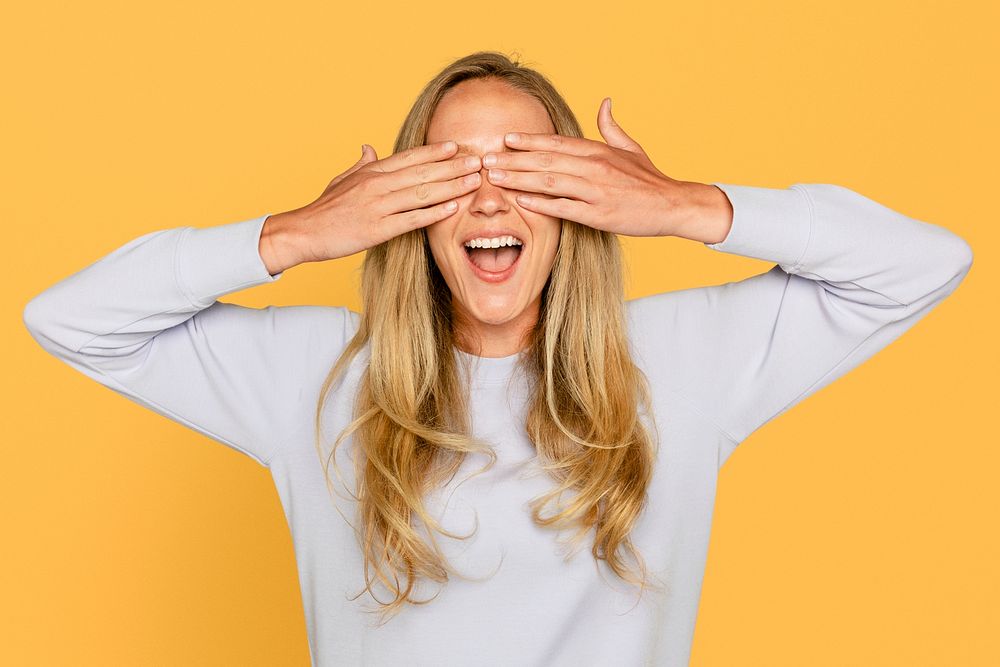 Surprised woman mockup psd hands covering her eyes