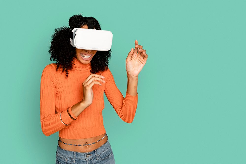 Smiling woman mockup psd having fun with VR headset digital device