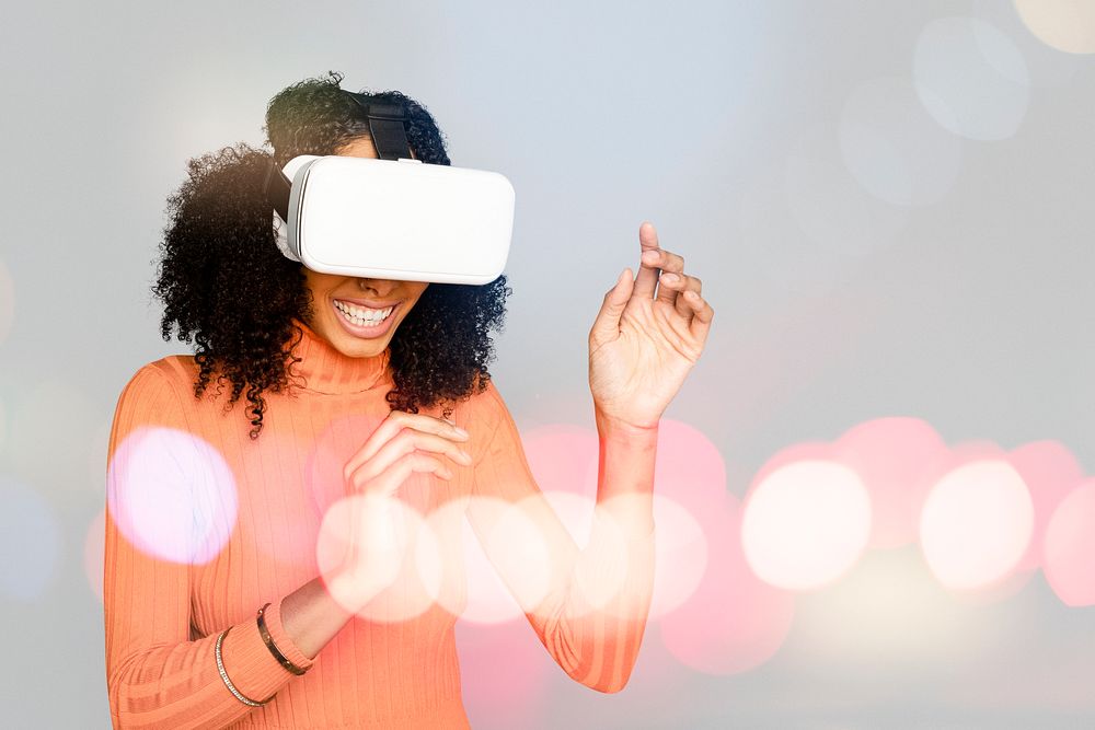 Smiling woman having fun with VR headset digital remix