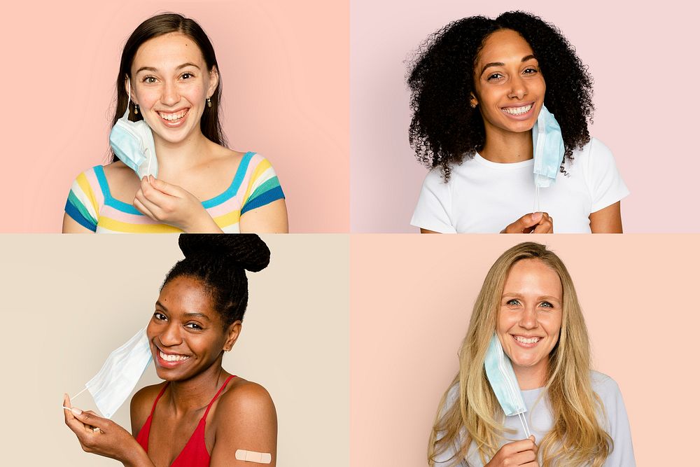 Smiling diverse women mockup psd taking off face mask in the new normal