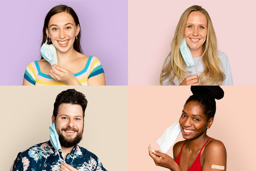 Smiling diverse people mockup psd taking off face mask in the new normal