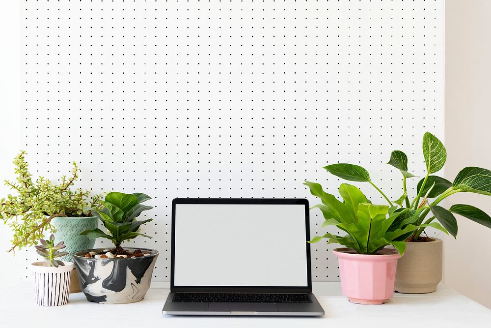 Blank laptop screen on a green workstation