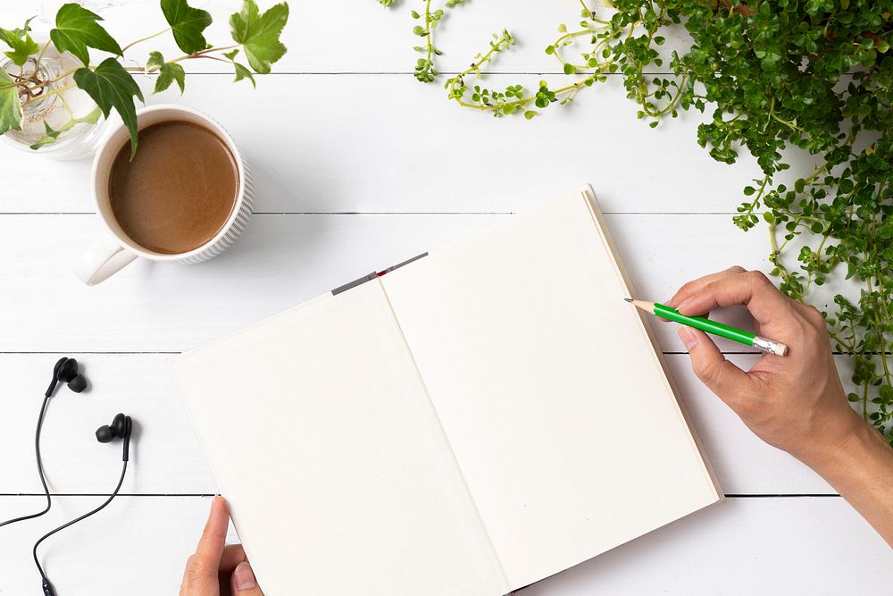 Blank notebook flat lay with plants