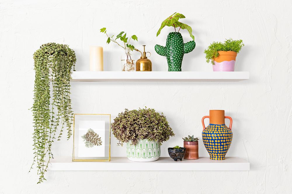 Colorful plant pots mockup psd on white shelf home decor