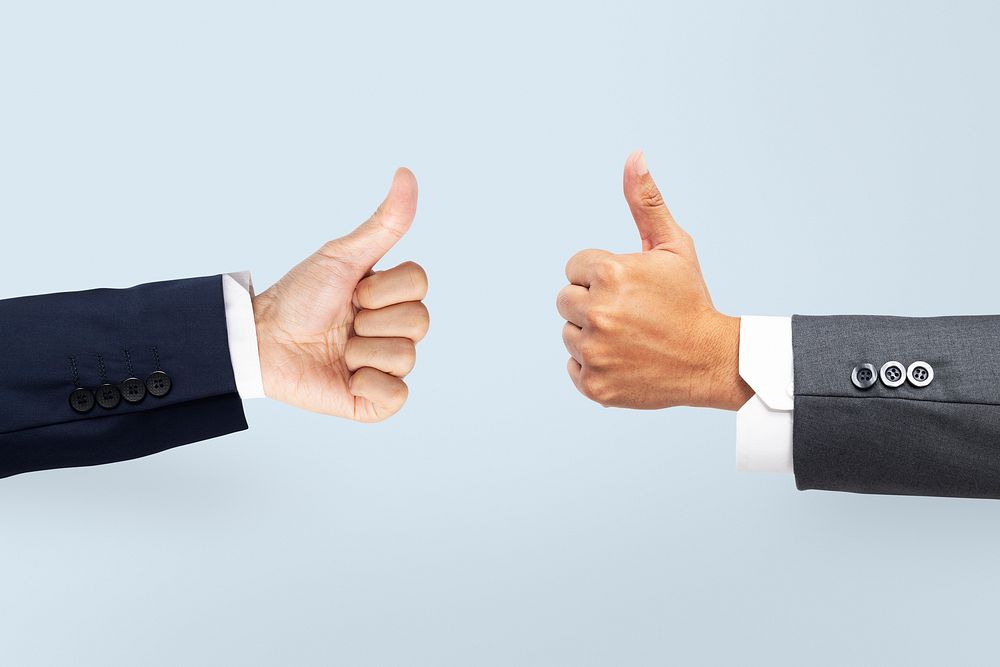 Business thumbs up mockup psd hand gesture