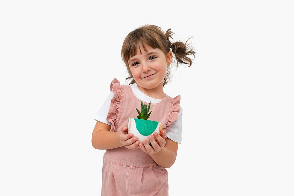 Little girl mockup psd with small potted aloe vera