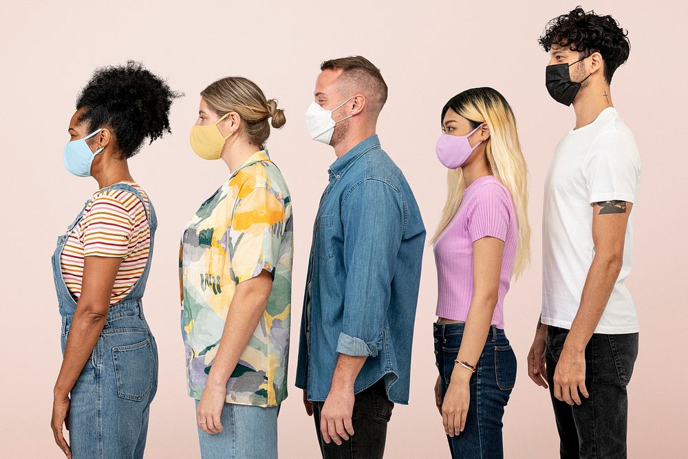 People mockup psd wearing masks in the new normal side view