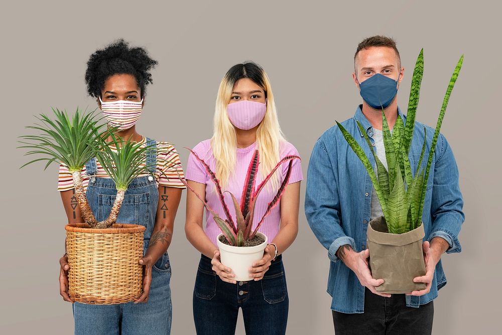 Plant parent mockup psd wearing masks the new normal hobby
