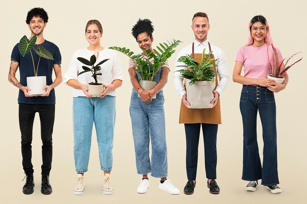 Happy plant parents mockup psd holding their houseplants
