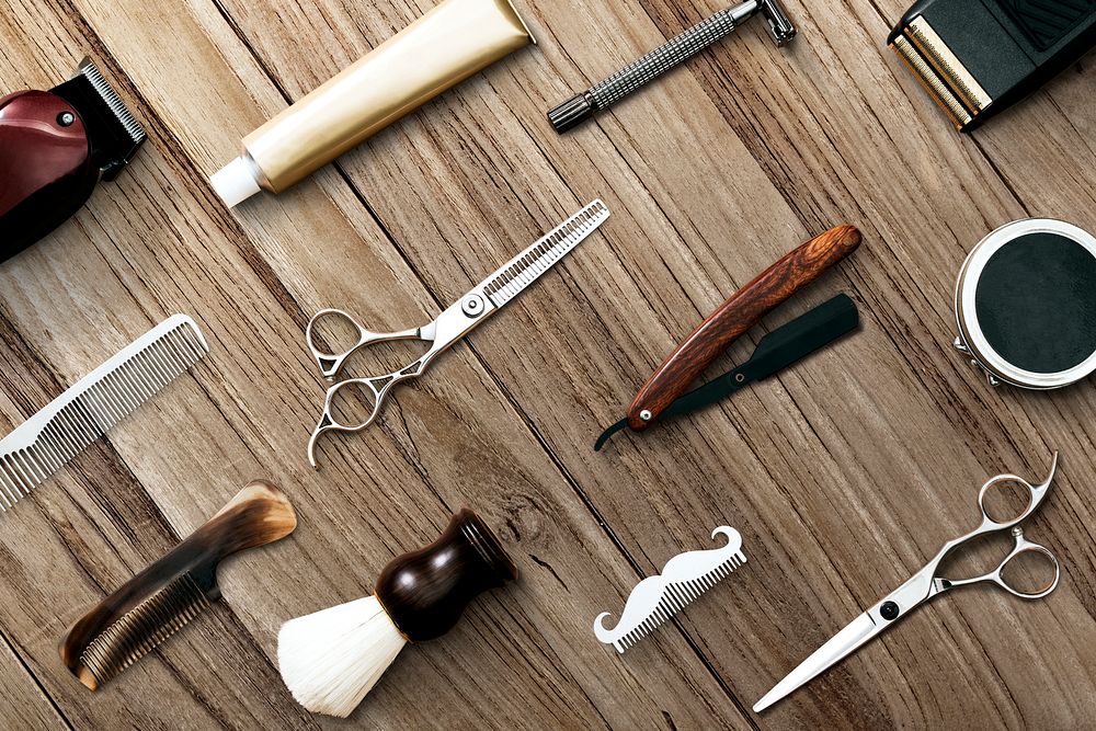 Wooden background barber tools pattern psd, job and career concept