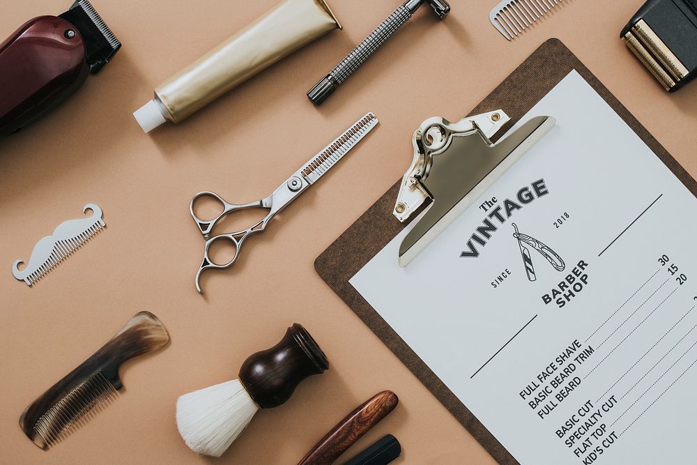 Vintage paper clipboard salon tools in jobs and career concept