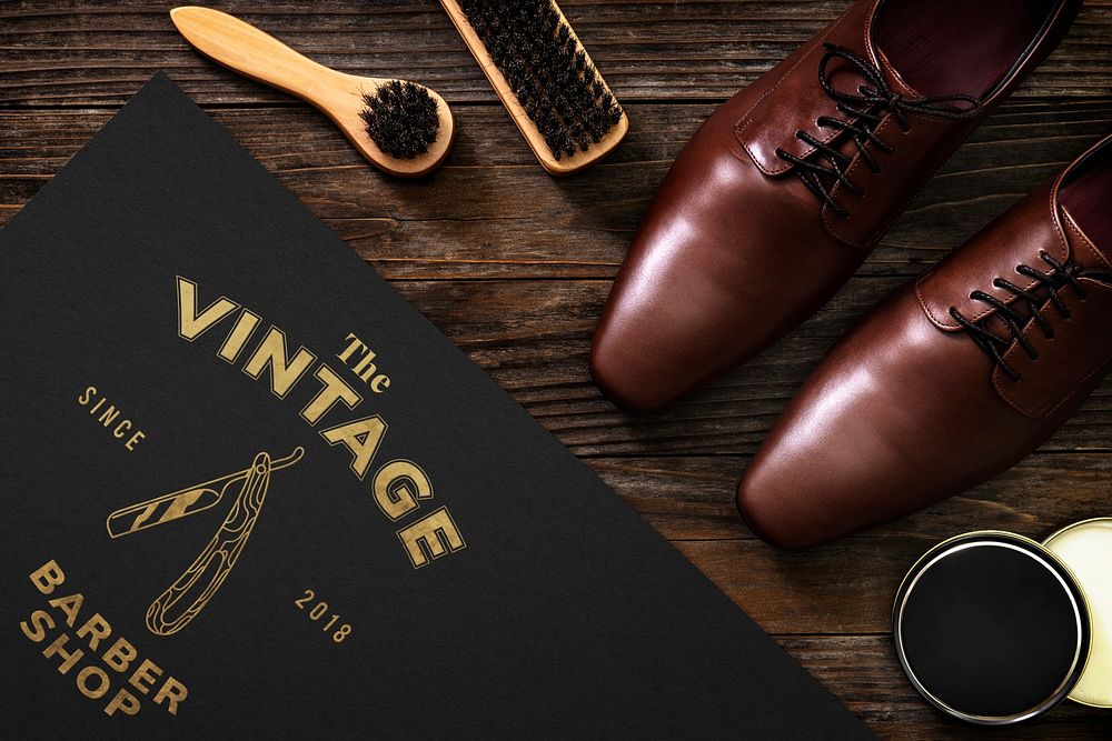 Vintage paper table mockup psd shoe polishing tools in jobs and career concept