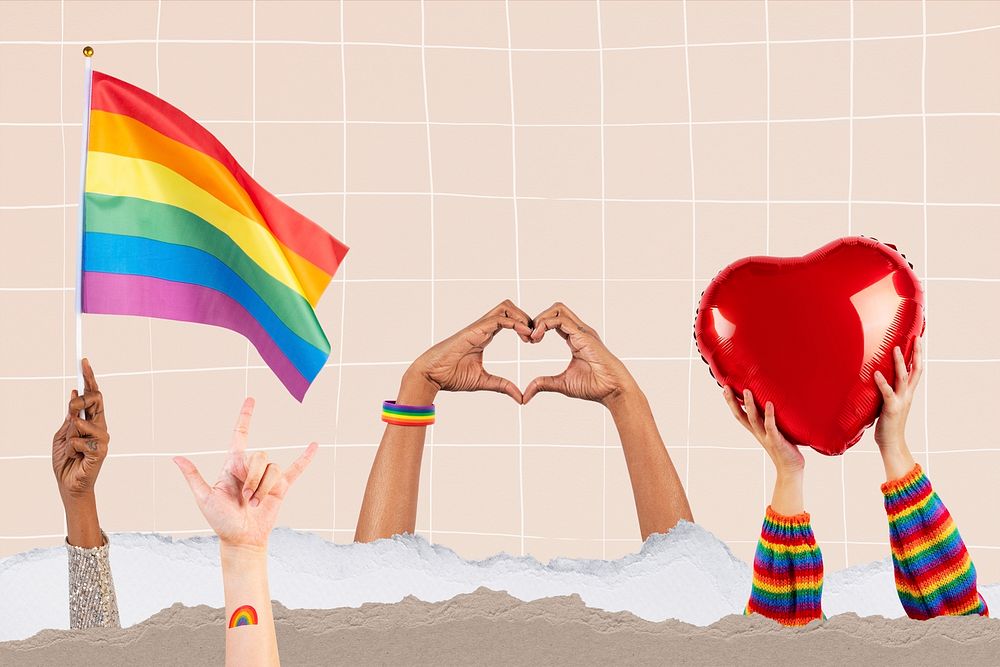 LGBTQ+ pride celebration mockup psd with hand and crowd cheering remixed media