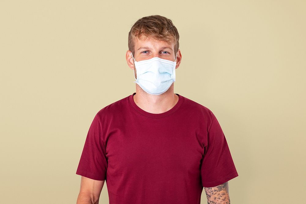 European man mockup psd wearing face mask in the new normal