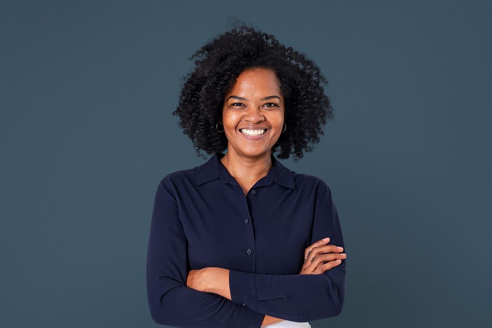 Confident African businesswoman mockup psd smiling closeup portrait for jobs and career campaign