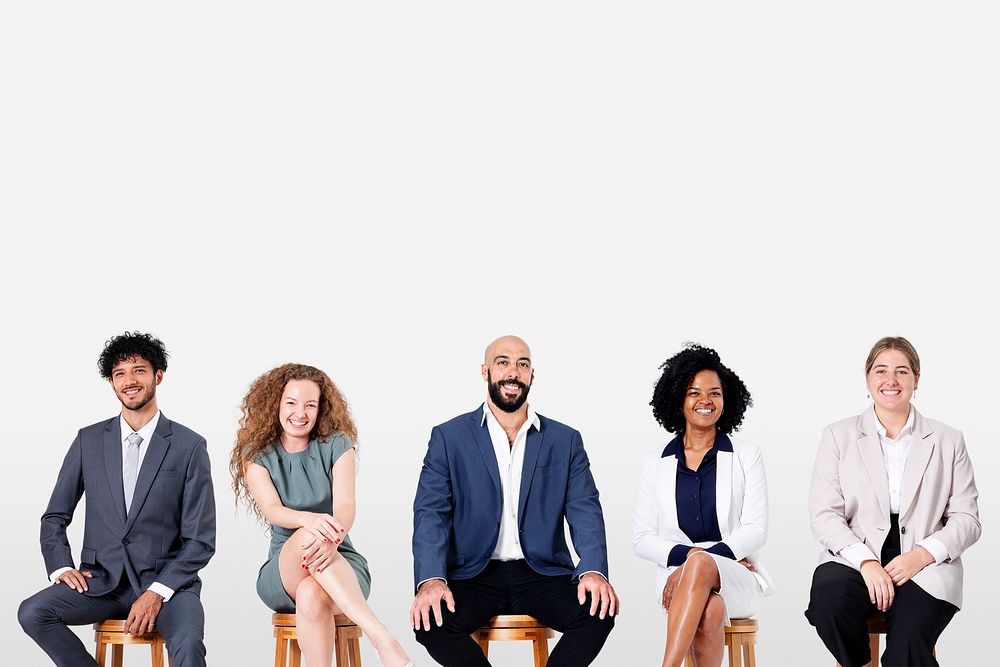 Diverse business people mockup psd smiling while sitting jobs and career campaign