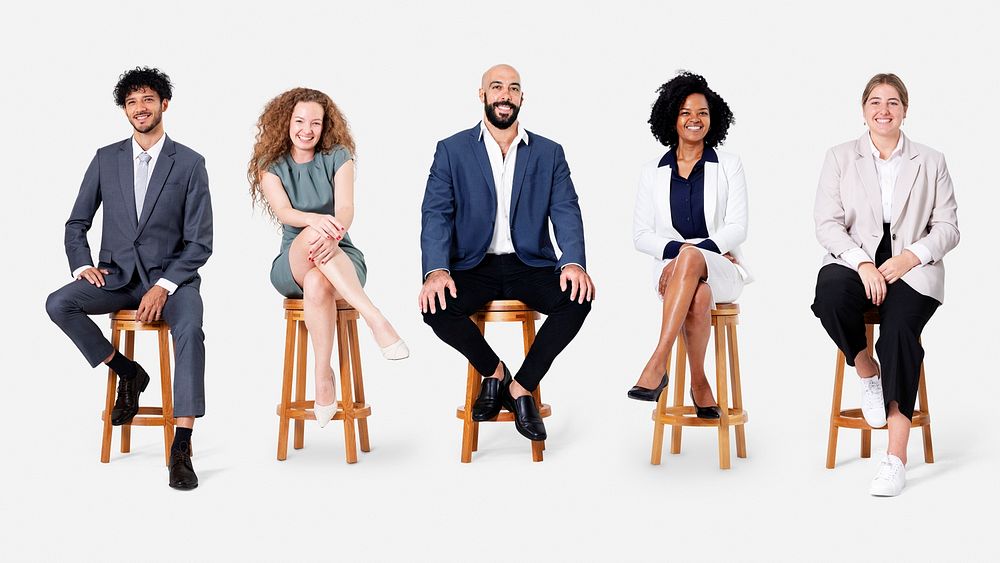 Diverse business people mockup psd smiling while sitting jobs and career campaign