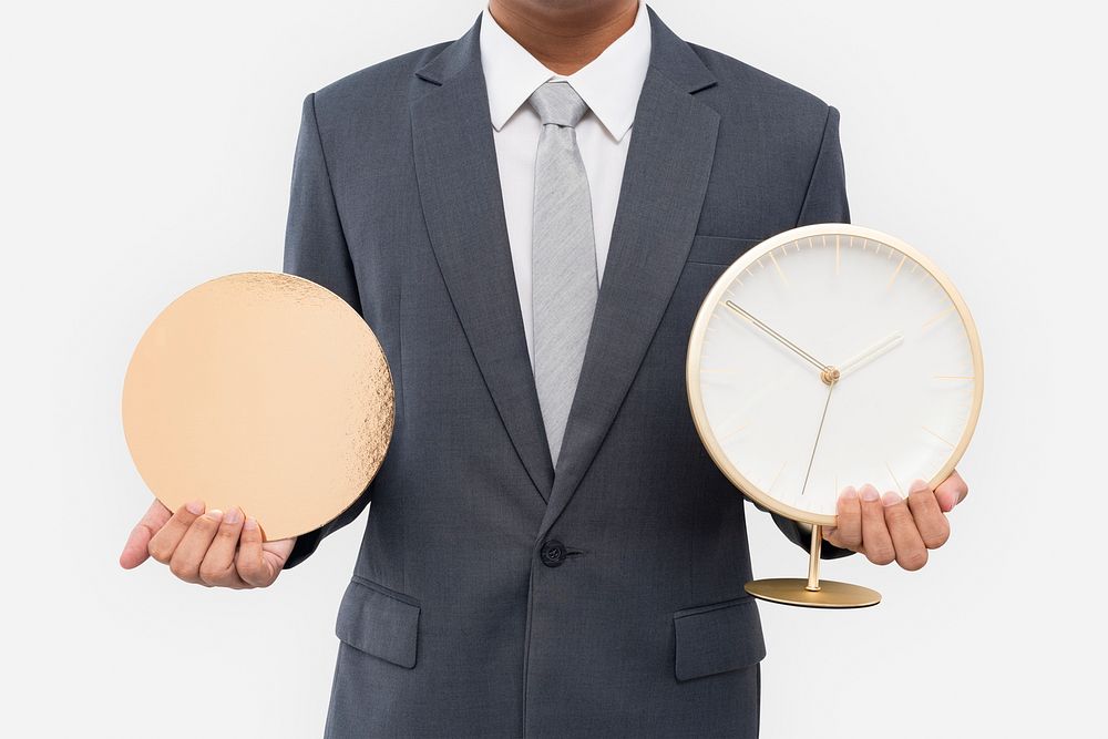 Businessman holding clocks working hours representation jobs and career campaign
