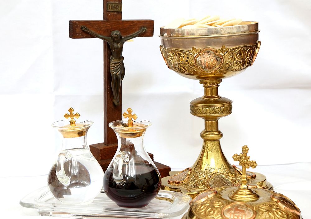 Crucifix, holy water and chalice. Original public domain image from Wikimedia Commons