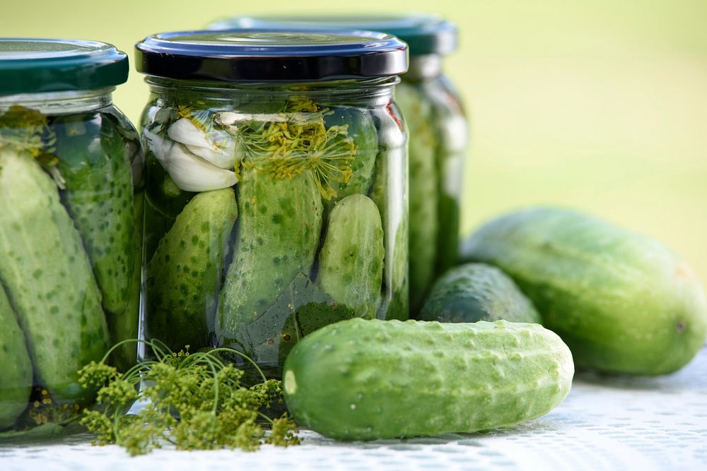 Cucumbers in glass jars. Original public domain image from Wikimedia Commons