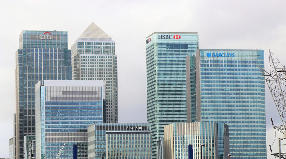 Skyline of bank buildings. Original public domain image from Wikimedia Commons