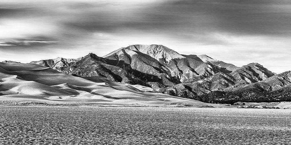 Deep shadows on Carbonate Mountain at Great Sand Dunes National Park and Preserve.