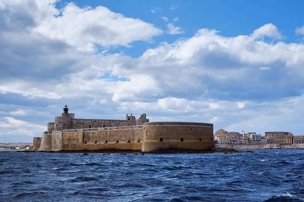 A sea view of Maniace castle. Original public domain image from Wikimedia Commons