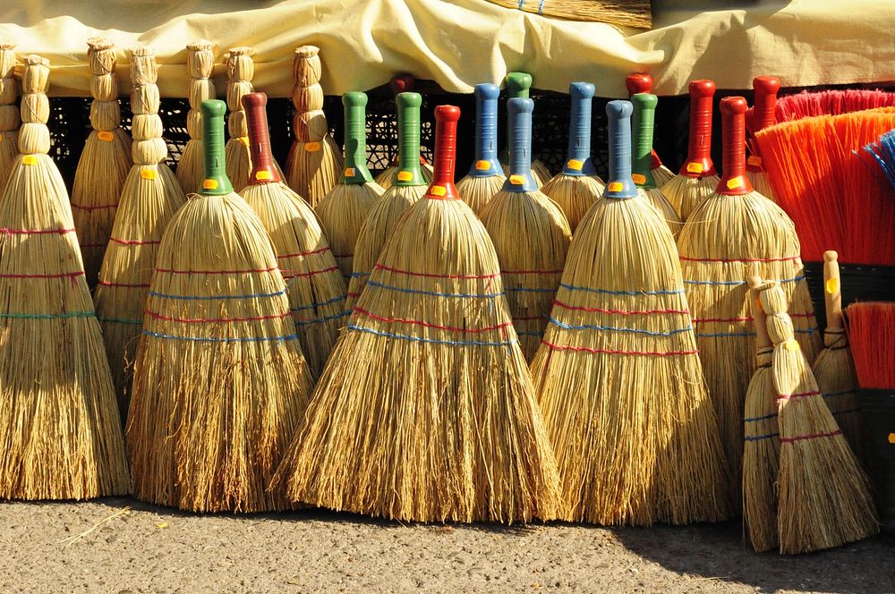 Brooms for sale on an open market in Macedonia. Original public domain image from Wikimedia Commons