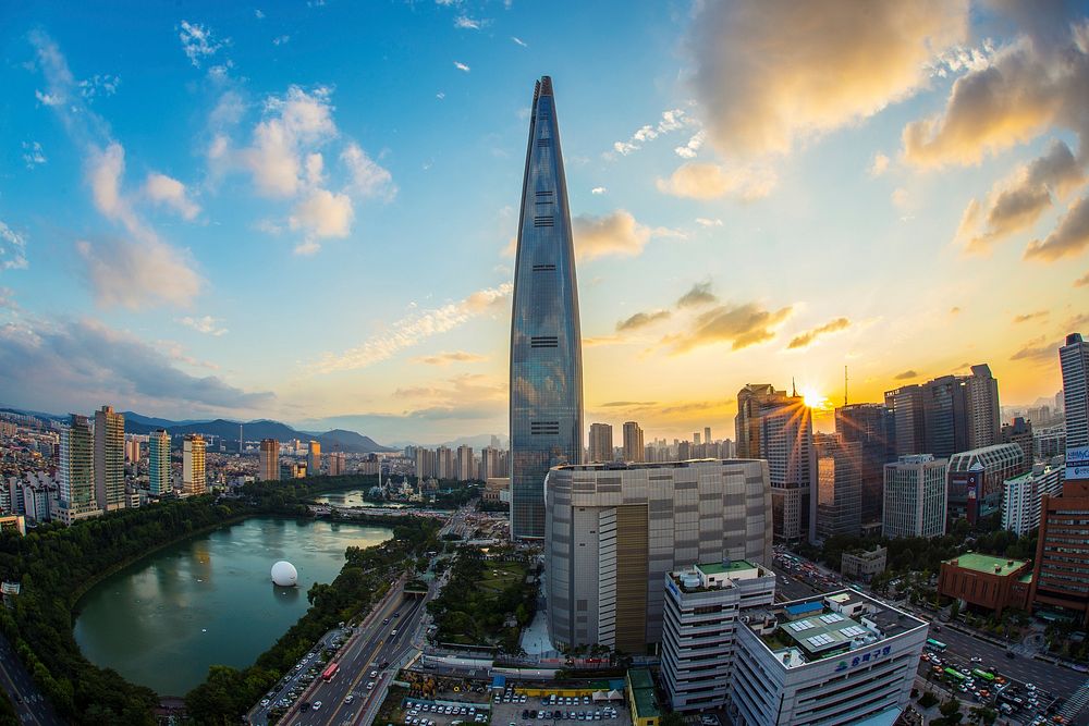 Lotte World Tower and the skylines of Seoul. Original public domain image from Wikimedia Commons