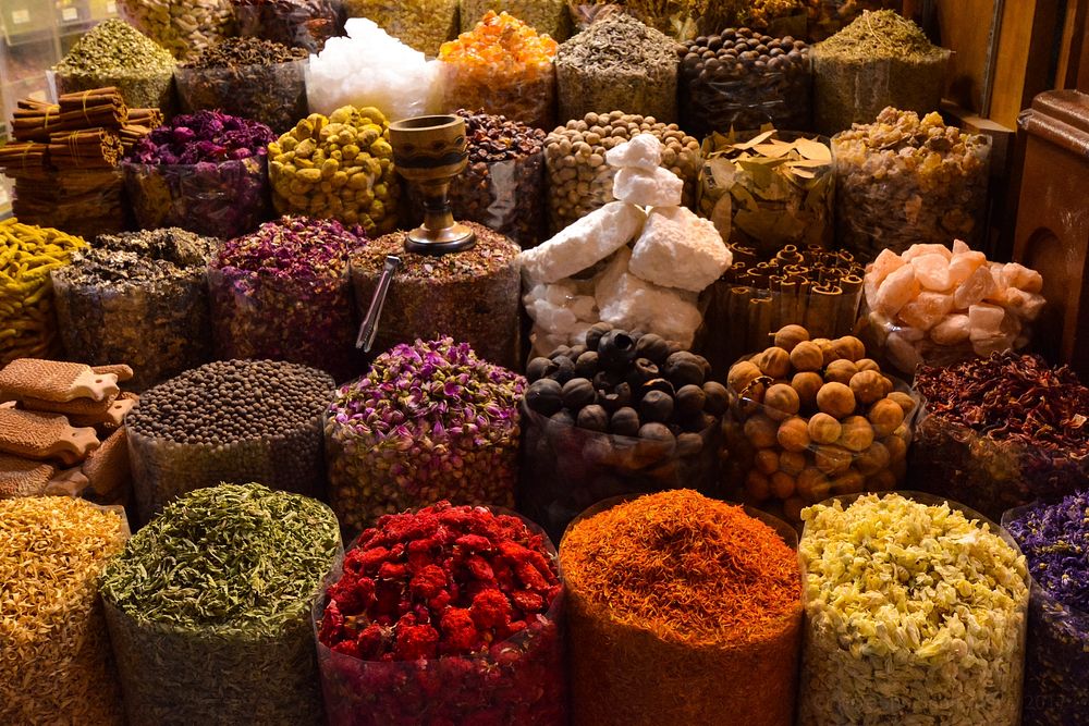 Various of spices in the market. Original public domain image from Wikimedia Commons