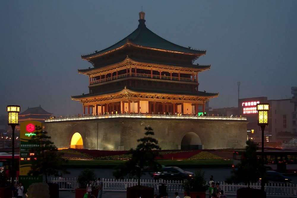 The city bell tower of Xi'an, China. Original public domain image from Wikimedia Commons