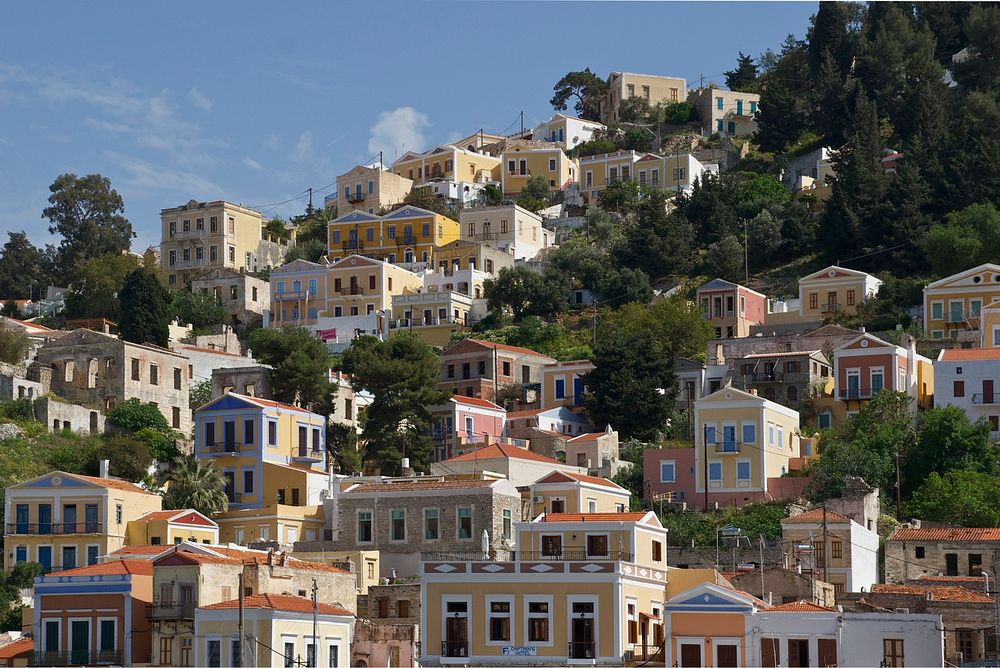 Typical colorful houses of Symi, Symi island, Greece. Original public domain image from Wikimedia Commons