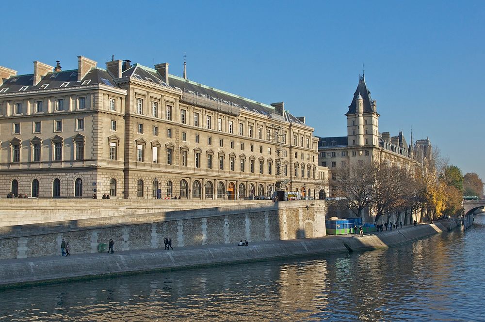 Part of the Quai des Orfèvres (Quay of the goldsmiths) in Paris. Original public domain image from Wikimedia Commons