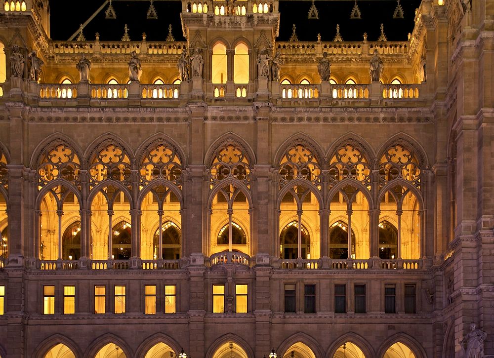 Detail of the facade of the new City Hall, (1872-1883), evening light. Original public domain image from Wikimedia Commons