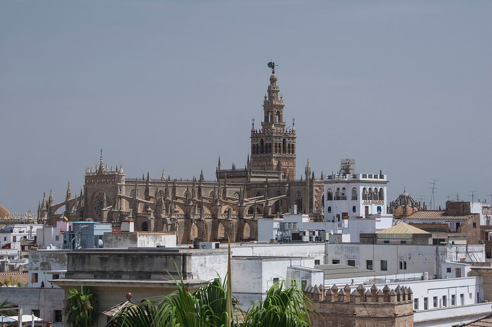 Cathedral, "Giralda", and some roofs, as seen from the "Torre del Oro", Seville, Spain. Original public domain image from…
