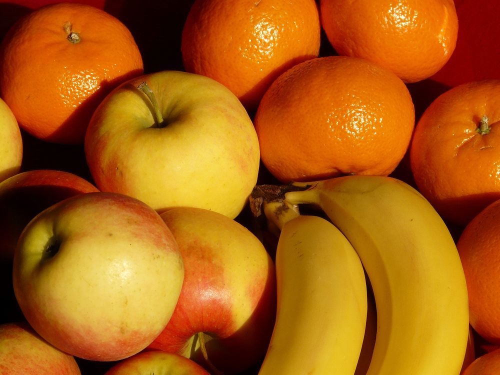 Close-up of bananas, apples and tangerines. Original public domain image from Wikimedia Commons