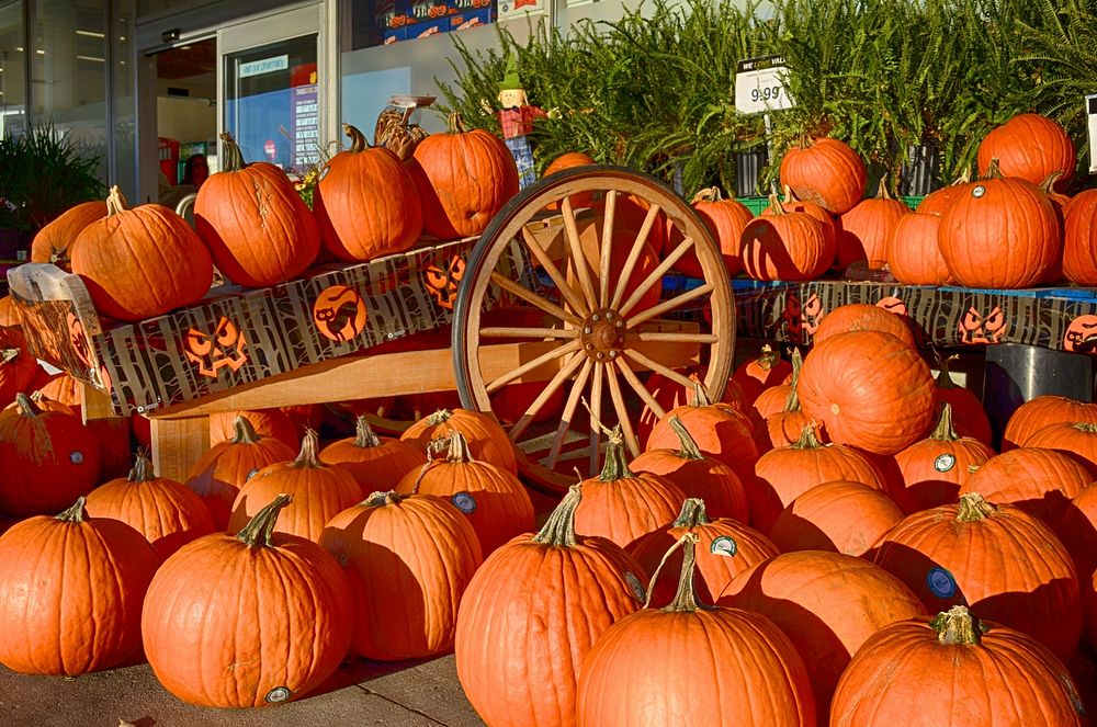 Halloween pumpkins on a wagon. Original public domain image from Wikimedia Commons