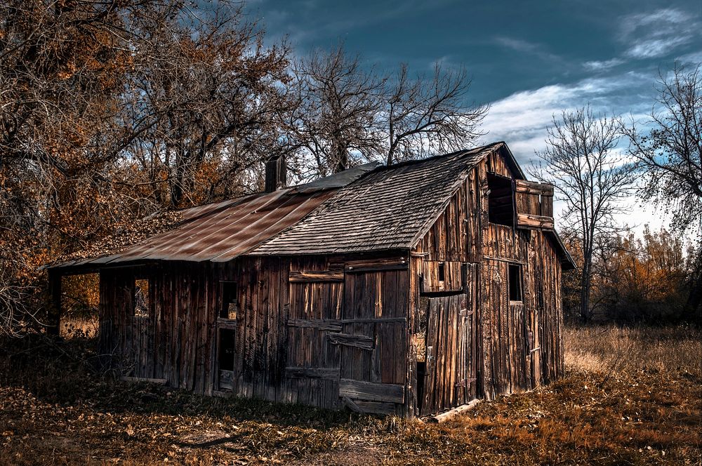 Spooky abandoned cabin house. Original public domain image from Wikimedia Commons