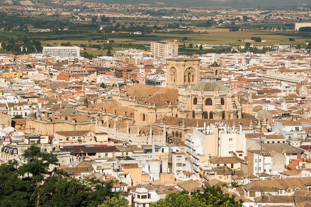 Cathedral and Capilla Real, from Alhambra, Granada, Spain. Original public domain image from Wikimedia Commons