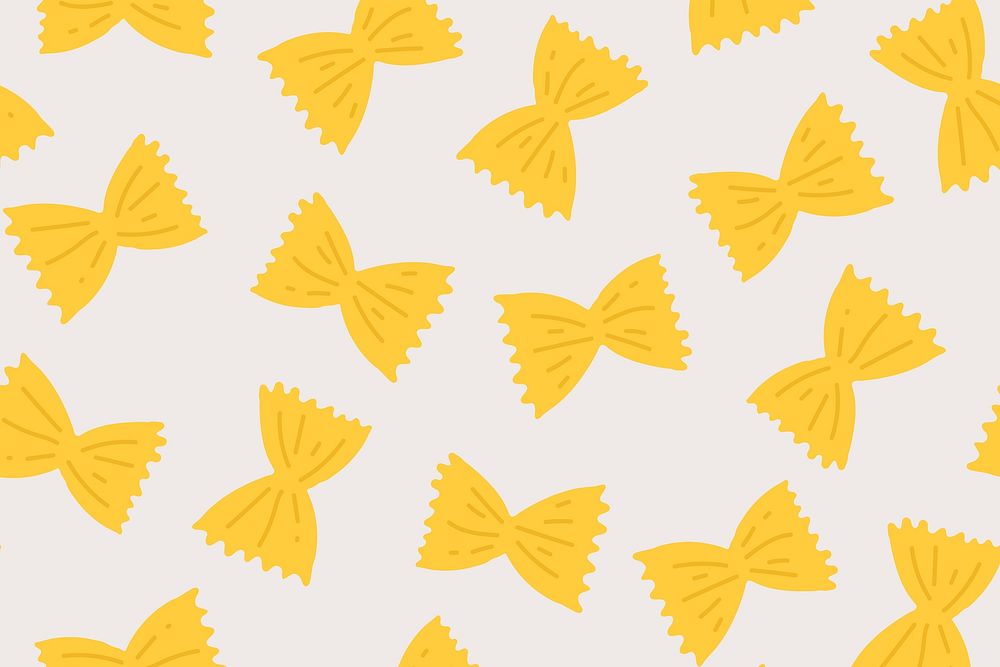 Farfalle pasta pattern background vector in yellow bow shape border