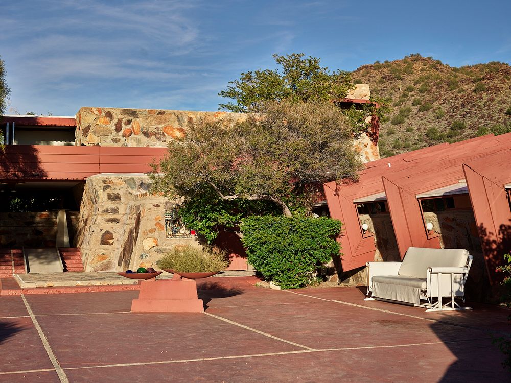 Exterior view of the garden room at Taliesin West, renowned architect Frank Lloyd Wright's winter home and school in the…