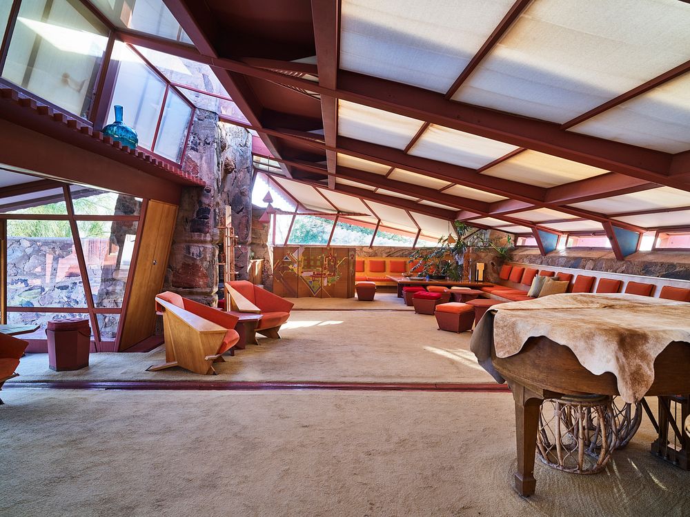Interior view of the Garden Room at Taliesin West, renowned architect Frank Lloyd Wright's winter home and school in the…
