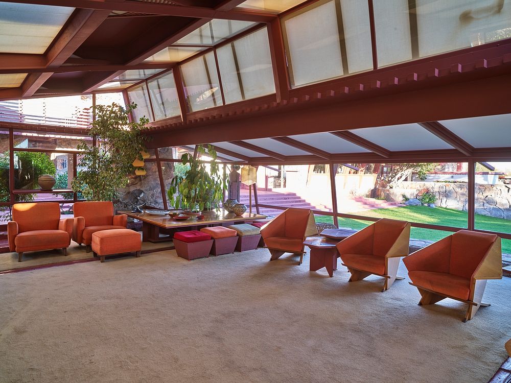 Interior view of the Garden Room at Taliesin West, renowned architect Frank Lloyd Wright's winter home and school in the…