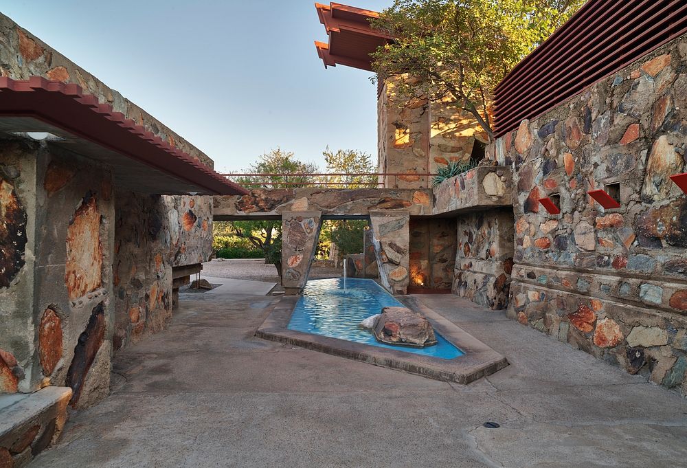 Kiva Fountain between a water tower at Taliesin West, renowned architect Frank Lloyd Wright's winter home and school in the…
