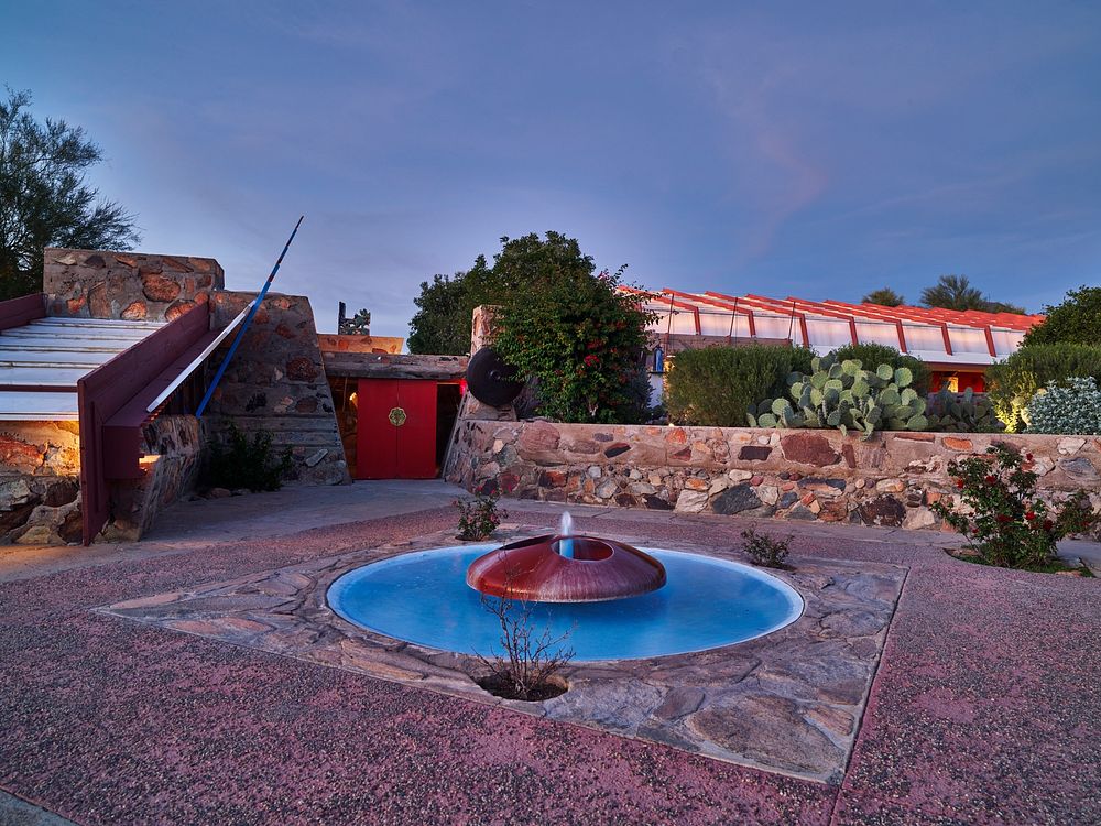 View of a fountain and the facility&rsquo;s cabaret and music pavillion at Taliesin West, renowned architect Frank Lloyd…